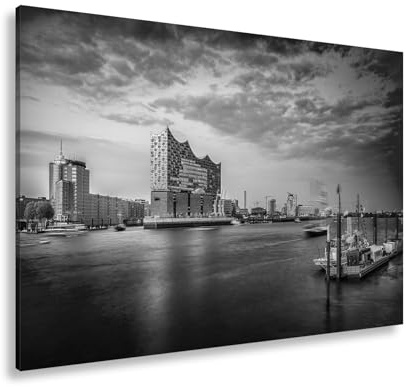 deyoli Leinwandbild Abendlicht küsst Hamburgs Hafen mit goldener Eleganz. Format: 120x80cm Effekt: Schwarz&Weiß XXL Kunstdruck Bild auf Keilrahmen/Wandbild/Wohnzimmer Dekoration
