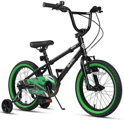 Glerc Razor Barncykel 16 tum för pojkar ungdomar 4 5 6 7 år gammal första BMX stil cykel med säkerhetsstativ och dörrklocka och avtagbara stabiliseringshjul, svart med gröna däck