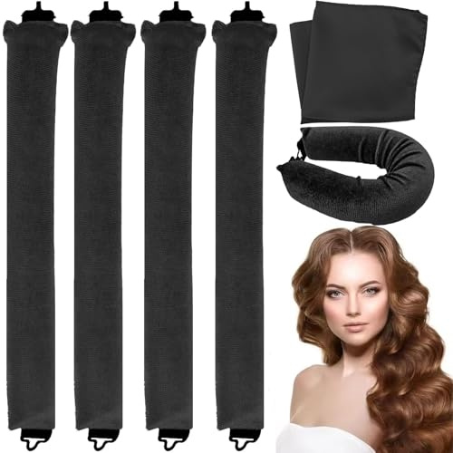 Solihigh 4PC Heatless Curls Set- Hair Rollers with Adjustable Square Scarf for Overnight Curls, No-Heat Curling Rods Safe for Long Hair (Black)