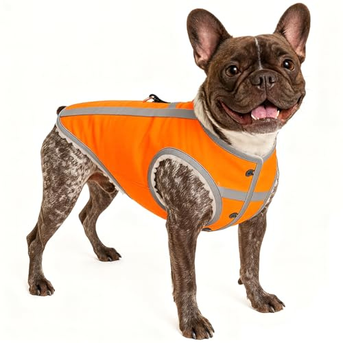 Dog Winter Coat with Fleece Lining for Medium Dogs– Warm Waterproof Windproof Snow Vest for Cold Weather, Reflective Blaze Orange Safety Dog Jacket, Easy-On Adjustable Fit with D Ring, L