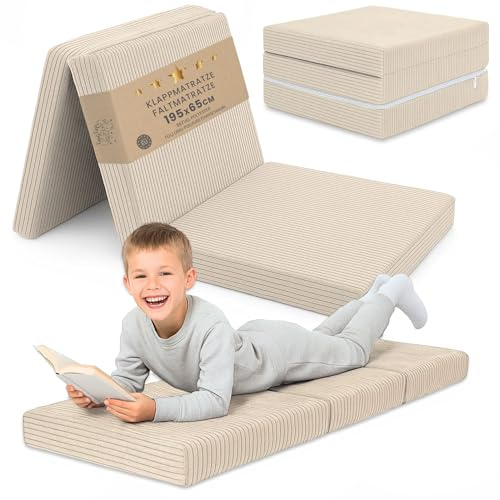 Klappmatratze Kinder Faltmatratze 65x195 cm - Faltbare Matratze Gästematratze Bodenmatratze Kinderzimmer klappbare Schlafmatratze Foldable Mattress Reisematratze faltbar 65 x 195 Beige
