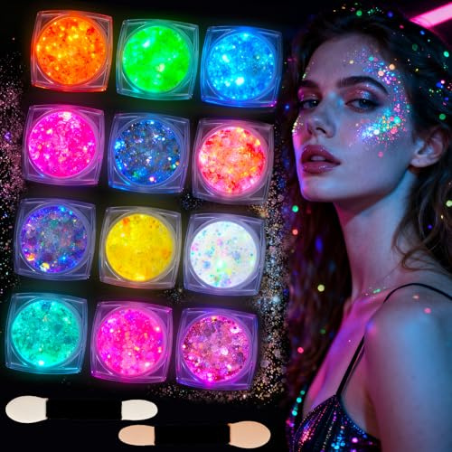 Kuvarix Glitter ansikte, glitterpulver med 12 färger, body glitter, fluorescerande färg, festtillbehör, festival tillbehör, halloween makeup för fester, karneval, maskbollar och gör-det-själv-projekt