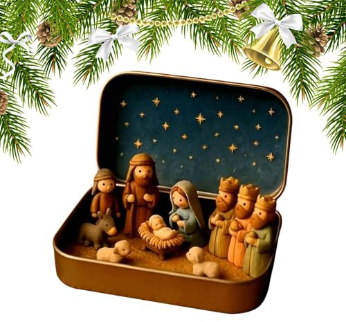 DzpKrka Taschenkrippe, 13x2.5x8cm Handcrafted Pocket-Size Christmas Nativity Scene Gift Tin, Mini Figuren Weihnachtskrippe, Kleines Krippenset In Einer Blechdose, Weihnachten Heilige