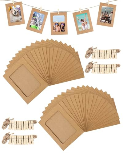 SOVYTH 40 Pezzi Cornice in Cartone, 10 x 15 cm Portafoto Cartoncino, Hanging Decorazione, Cornici di Carta per Foto DIY con 40 Mini Clip in Legno e 4 Corde di Canapa per Decoro, Compleanno, Matrimonio