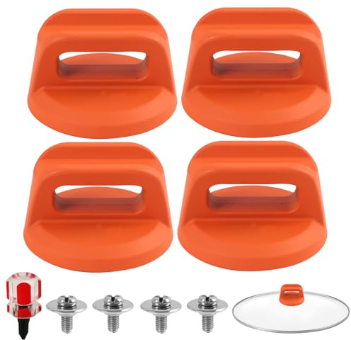 FunWorth Pan Lid Knob, 4 Pack Universal Cookware Lid Handle, Heat Resistant | Orange. Bakelite. 4 heat resistant lid cover knobs. Ergonomic grip. Screws, washers, screwdriver. Dishwasher safe