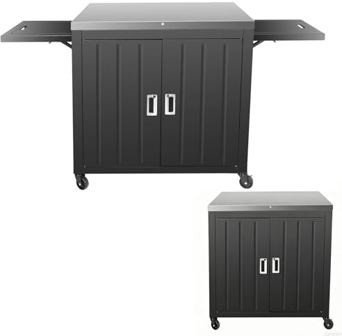 GFTIME Grillvagn 89,9 x 65 x 91,9 cm, utomhusköksvagn med bänkskiva i rostfritt stål, 2 hopfällbara sidohyllor, 2 dörrar och hjul, mobil serveringsvagn för grill, trädgård, terrass och utomhuskök