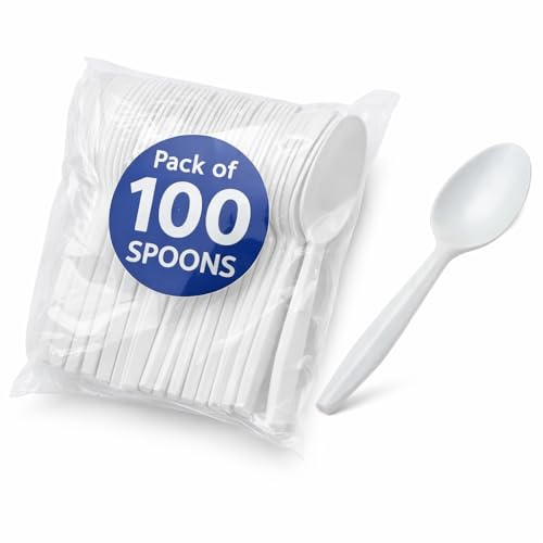 100 Pack Reusable Plastic Spoons | Heavy Duty Clear Table Spoons | BPA-Free Food Grade | Washable & Dishwasher Safe | Party, Catering, BBQ, Picnic & Restaurant Cutlery