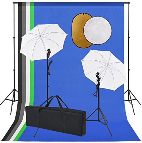 Kaloriko Fotostudioset med lampor, skärmar, bakgrund 1,6 x 3 m, 2 x stativ upp till 210 cm, 5 färgade bakgrunder, 2 x dagsljuslampor 5 500 K, reflektor 5-i-1 och 2-i-1 för porträtt- och