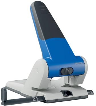 Leitz Extrastarker Registraturlocher, Metall, geeignet für bis zu 65 Blatt, Anschlagschiene mit Formatvorgaben, Ergonomisches Design dank Griffmulde, blau, 51800035