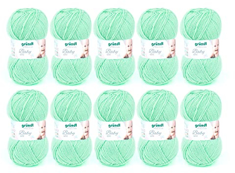 Gründl Wolle Baby uni Babywolle 10 Knäuel 50 g, Mint | weiche Wolle zum Häkeln und Stricken - Babygarn - 70 % Polyacryl,30 % Polyamid - 50 g / 150 m - Nadelstärke 3,5 -4,5