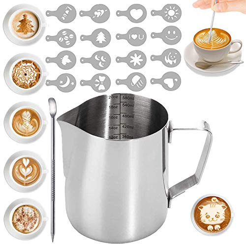 Panlom® Shaker à chocolat en acier inoxydable pour glaçage, sel, cacao, farine, crêpes, tamis à café + 16 pochoirs à café à cappuccino + mini cuillère à café pour chat. 600ml Milk Frothers