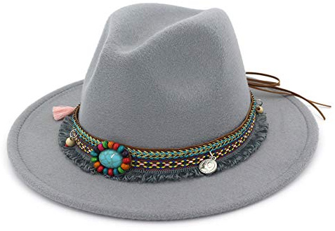 Fedora-Hut für Herren und Damen, Vintage-Stil, mit breiter Krempe, Panama-Hüte mit Schnalle - Grau - Einheitsgröße