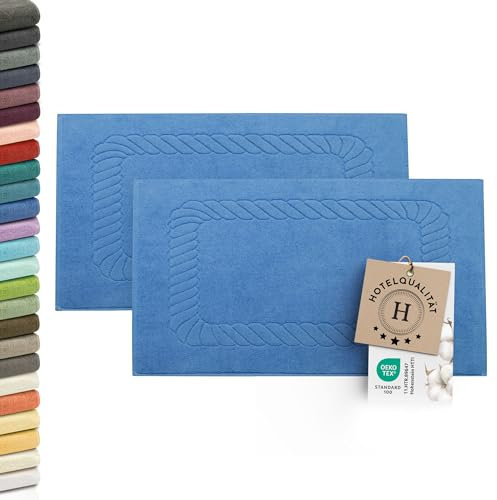 ZOLLNER 2er Set Badematten - weiche und saugstarke Duschvorleger - waschbar bis 95°C - Baumwolle - 50x70 cm in blau