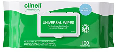 Clinell Universal Cleaning and Disinfectant Wipes for Surfaces - Pack of 100 Thick Wipes - Multi Purpose Wipes, Kills 99.99% of Germs, Quick Action - 255mm x 175mm