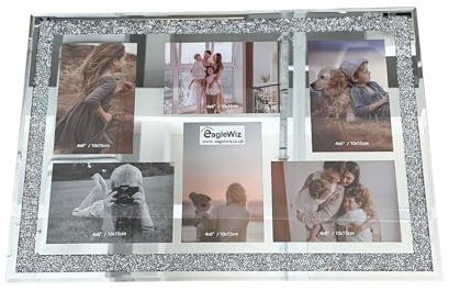 EagleWiz Crystal crushed jewel mirrored diamond Effect 6 Collage Photos Wall Frame Silver Mirror affect 4x6inch Wedding Gift
