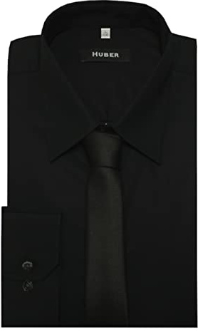 HUBER Hemd Kentkragen und verdeckte Knopfleiste schwarz inkl. Krawatte schwarz XXL