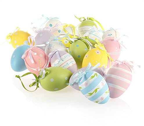 com-four® 18x Deko-Aufhänger Ostern - Ostereier aus Kunststoff zum Aufhängen - Ostereier in vielen bunten Farben (18 Stück - 6 Farben - Mix 1)