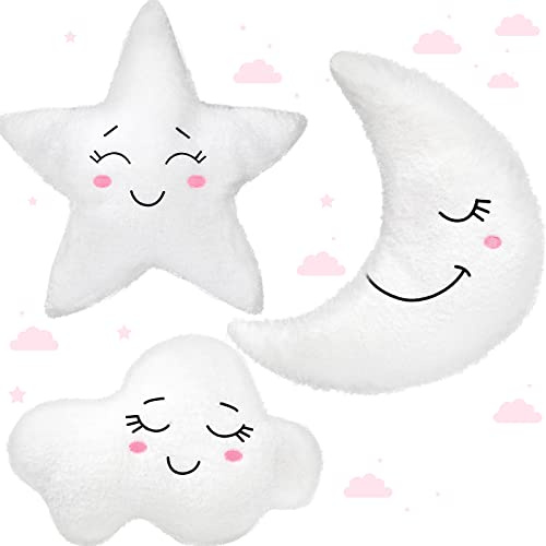 Queekay Set of 3 Kid Moon Star Cloud Cushion Soft Plush Pillow Nursery Stuffed Throw Cushion Children Cute Pillow for Baby Room Reading Nook Decorations Gifts(Moon, Star, Cloud)