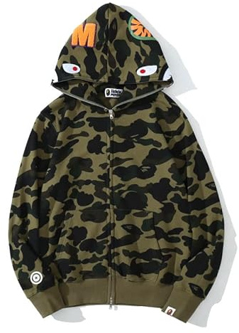 Yumenam Mens Hoodie Shark Head Camo 3D Printed Full Zip Jacket Sweatshirt Camouflage Casual Streetwear Outwear for Men Teen