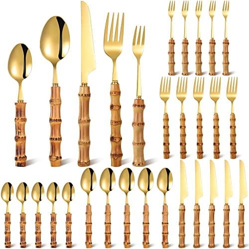 Eboot Bamboo Silverware Set 18/8 Stainless Steel Tableware Set Natural Utensil Flatware Kit Spoon Fork Knives Bamboo Handle Cutlery for Kitchen Wedding Home Restaurant Party(Gold,30 Pieces)
