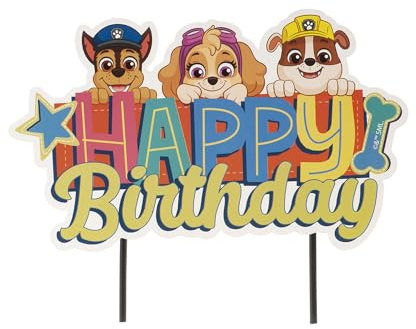 dekora - Paw Patrol tårtdekoration grattis på födelsedagen i papper - 17,5 x 15 cm, gul