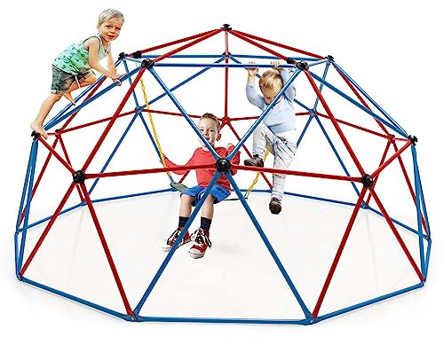 COSTWAY Ø 305cm Kletterkuppel mit Schaukel, Klettergerüst in Kuppelform, Indoor-/Outdoor-Spielgerät, Kletterleiter für Kinder von 3 bis 10 Jahren, ideal für Hinterhof, Garten, 363 kg Belastbar (Rot)