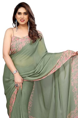 MIRCHI FASHION Dam vanligt vävd chiffong abstrect tryckt sari med blusstycke, Dammig grön, rosa, One Size