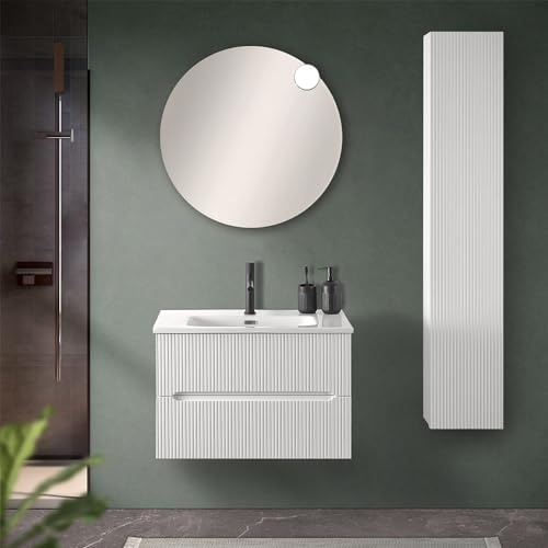 Inbagno Mobile bagno sospeso cannettato 70 cm bianco opaco con 2 cassetti soft-close, lavabo in ceramica BALI