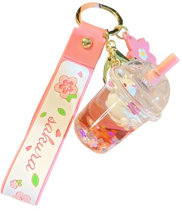 ZDHC Portachiavi romantico con coniglio in fiore di ciliegio, carino liquido galleggiante coniglietto portachiavi portachiavi auto ciondolo borsa per donne ragazza