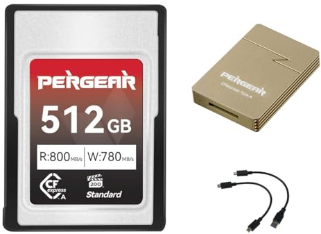 PERGEAR CFexpress Tipo A 512 GB Tarjeta de Memoria con Lector de Tarjetas | Velocidad de Lectura de Hasta 800MB/s y Velocidad de Escritura de Hasta 780MB/s, para 4K/8K, para Cámara Sony Alpha FX Series