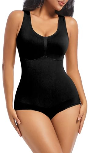 ONEW Shapewear för kvinnor, body-bh, tanktopp, med V-ringning, ljus, magkontroll, kroppsformare, midjeformande underkläder, svart, S