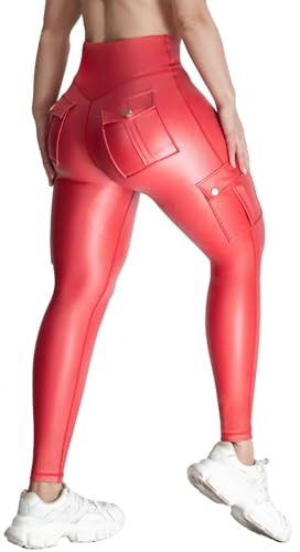 Nuofengkudu Donna Finta Pelle Leggings Cargo Tasche Vita Alta Lunghezza 7/8 Elasticizzati Attività Sportive Morbidi Fitness Glutei Push Up Opachi Slim Pantaloni Nero M