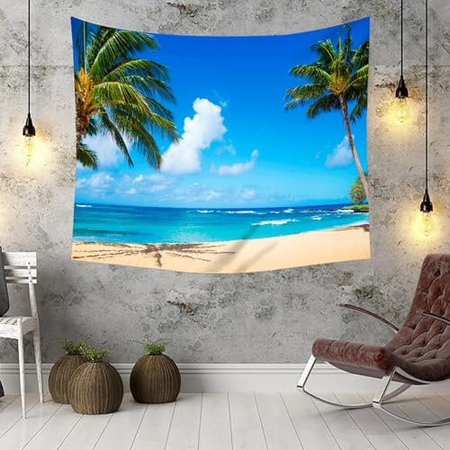 KnSam Tapisserie 350x256cm, Natur Landschaft Wandteppich Strand Himmel Kokosnussbaum Meer Landschaft Wandtuch Polyester Wanddekoration für Wohnheim Schlafazimmer, Blau Grün