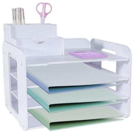 HMXLJJY 4-Tier Letter Tray Organiser, A4 Paper Filing, Office File Tray, Desk File Tidy Organizer with Stackable Filing, Desk Paper Organizer with Pen Holder (White)