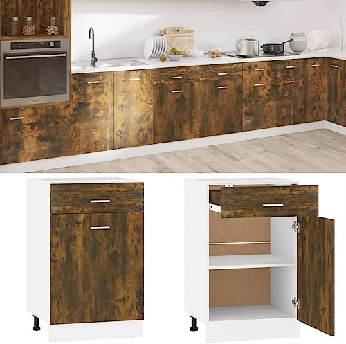 WIFESE Schubladenschrank Küchenzeile Küche Organizer Geräumiger Küchenschrank mit Viel Stauraum Küchenmöbel Aufbewahrungsschrank mit Tür Räuchereiche 50x46x81,5 cm Holzwerkstoff