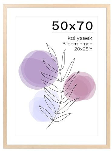kollyseek Bilderrahmen 50x70cm Echtholz Eichefarbe mit Passepartout Holz Rahmen mit Acrylglas Eiche Natur Fotorahmen(Helle Eichenfarbe)
