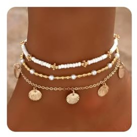 Smilelife Seashell Ankle Bracelets for Women Starfish Bracelets Layered Boho Puka Shell Anklet Cowrie Shell Bracelets Hawaiian Summer Beach Foot Chain Jewelry (SeaShell)