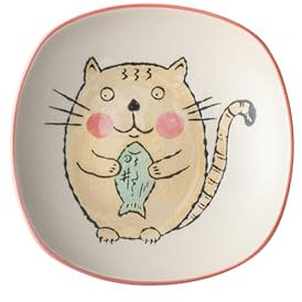 Plato hondo redondo de cerámica japonesa pintado a mano creativo exquisito - Plato cuadrado de 8 pulgadas - borde rojo koi cat
