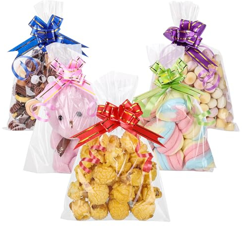 50 Cellophantüten Mit 50 Schleifen, 10 x 15cm Cellophantüten Tüten | Transparente Zellophantüten Zum Befüllen Verpackungstüten für Geschenktüten Süßigkeiten Schokolade Keks