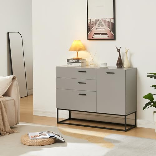 [en.casa] Sideboard Lavangen Wohnzimmerschrank mit 1 Tür und 3 Schubladen Kommode Buffetschrank mit Verstellbarer Ablage 75 x 100 x 35 cm Hellgrau