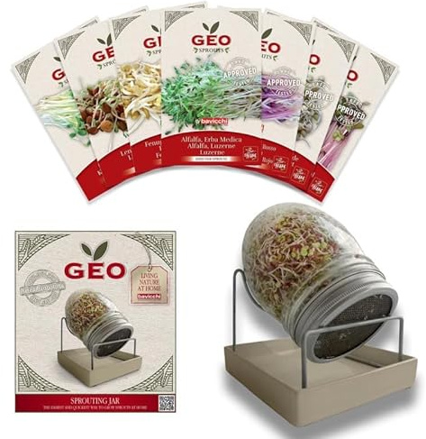 Kit de Germination Premium GEO – Bocal Germoir 750 ml + Support Inox & Base Céramique | 7  Graines à germer bio (210 g) | Taux de Germination ≥ 95 % | DDM 24‑36 Mois | Excellente qualité