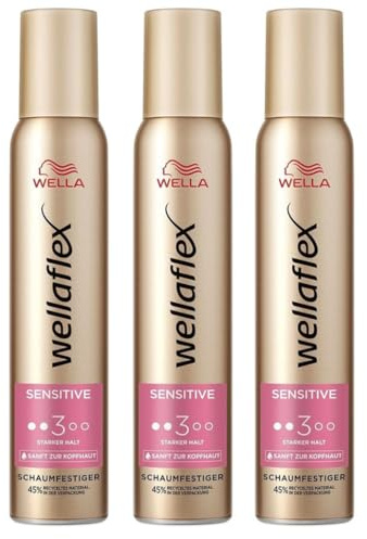 3x Wella Wellaflex Sensitive Schaumfestiger Parfümfrei Haarschaum für 24h starken Halt ohne Verkleben,silikonfreie Formel für mehr Haarglanz,mit UV-Schutz Haltegrad 3, 200 ml (3er Pack)