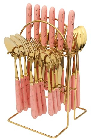 24 Pieces Cutlery Sets with Holder Safety Stainless Steel Flatware Set Service for 6 Person Hanging Cutlery Stand Mirror Polished Tableware Set for Home, Kitchen, Restaurant, Pink Gold