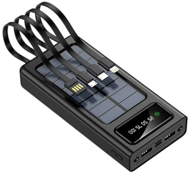 Power Bank portatile a energia solare con cavi integrati, nero, bianco, display a LED, ricarica solare, design compatto da viaggio (nero, milliampere, 50000.0)