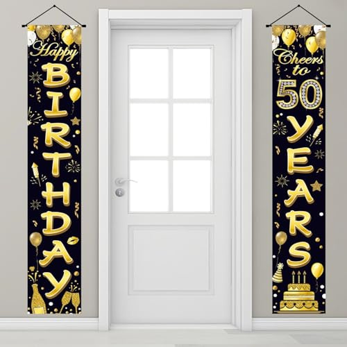 50. Geburtstag Banner Mann Frau, Schwarzes Gold 50th Tür Banner Deko | 50. Happy Birthday Türbanner, 50. Geburtstag Hintergrund Dekoration, 180 x 30cm