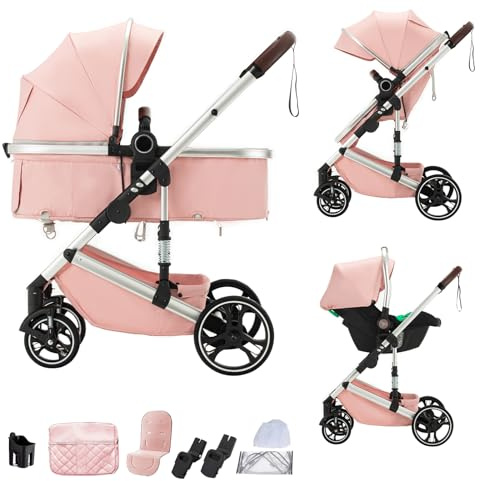 BEBBY Multifunzionale Carrozzina Passeggino Trio Combinazione Passeggino 3 in 1 Passeggino Ovetto Pieghevole Set Passeggino Neonato Sedili,Da neonato a 22KG (G-H9-PINK, H9)