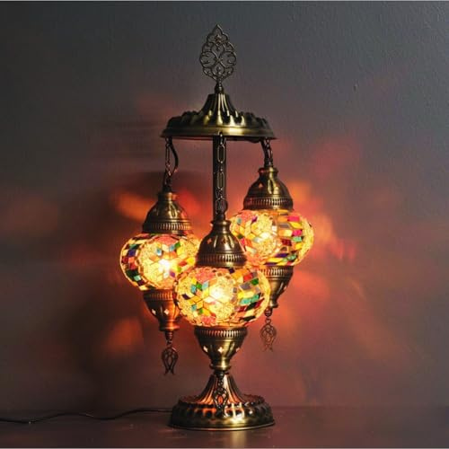 VALVELLO Lámpara Mosaico Turca de 3 Globos – Lámpara Oriental Hecha a Mano – Decoración Bohemia para Salón, Dormitorio y Oficina – Luz de Ambiente Artesanal (Multicolor)