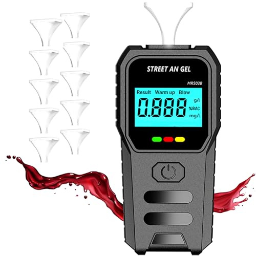 Alkoholtester, Alkoholtester Polizeigenau mit Halbleiter Sensorik und Digitaler LCD Bildschirm, Promillemessgerät, Atemalkoholtester mit 10 Mundstücken, Tragbarer Alkomat für den Heim Partygebrauch