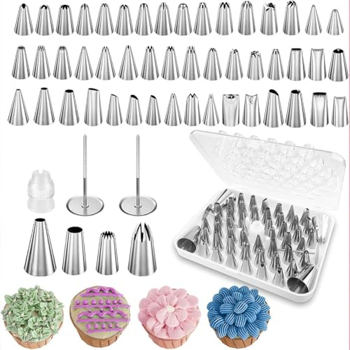 55 Pcs Cake Piping Kit,Stainless Steel Piping Tips Set,Piping Nozzles Tip with Coupler & Flower Nails,Baking Supplies for Cakes,Cupcakes & Cookies Ideal for Home Bakers & Beginners