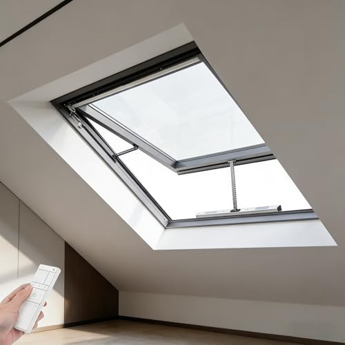 NEHCFO Ventana de Techo Eléctrica con Control Remoto, Tragaluz de Aluminio con Vidrio Templado Doble, Sensor de Lluvia Automático, Claraboya para Azotea, Sótano, Ático(White,LxW 70 x 70 cm)